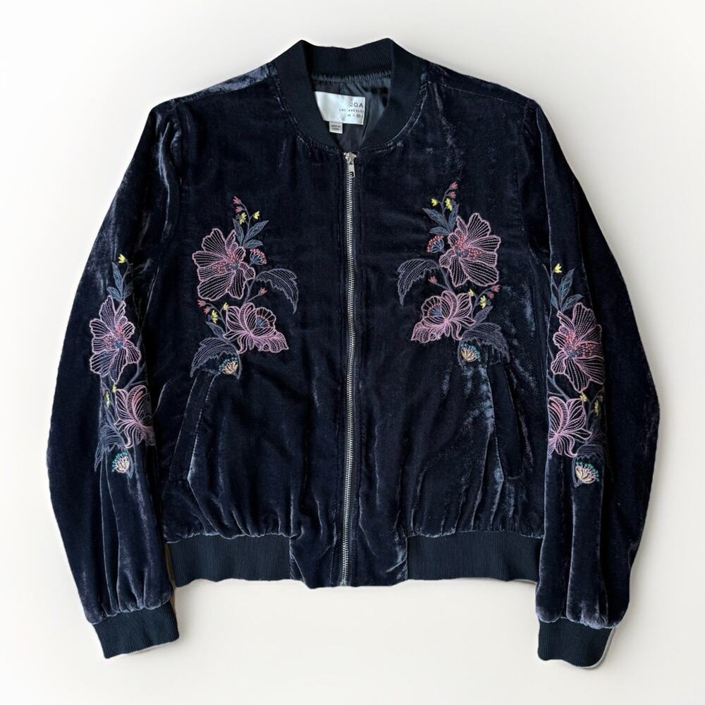 JOA Jacket Women's Medium Black Velvet Embroidered Full Zip Bomber Los Angeles